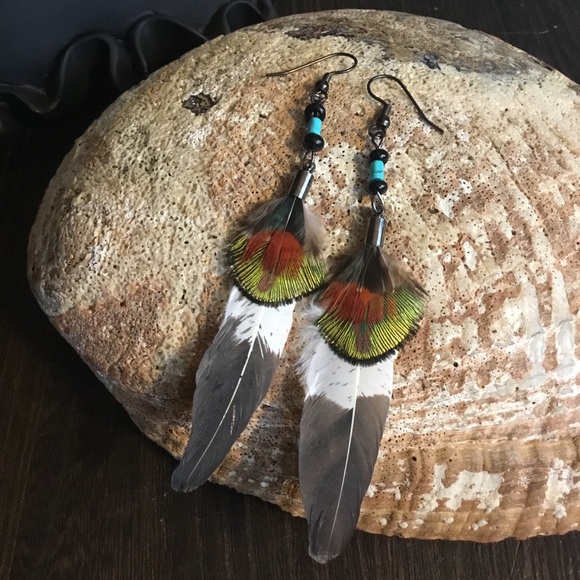 Hand Crafted Imitation Eagle & Turquoise Feather Hand Painted Tribal Earrings - Picture 11 of 16